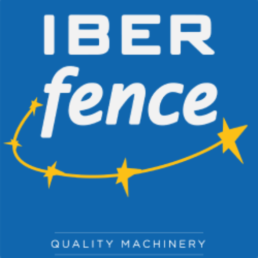 El logo de la imagen pertenece a la empresa IBERFENCE, especializada en maquinaria de calidad. El diseño del logo es de color azul con texto en blanco que dice "IBER fence" y presenta una línea curva amarilla con estrellas, simbolizando calidad y excelencia en maquinaria.